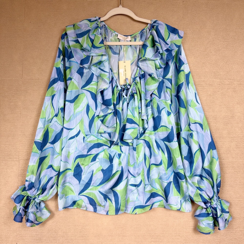 Ramy Brook Imani Leaf Print Ruffle Blouse Blue Green XXL A01242003